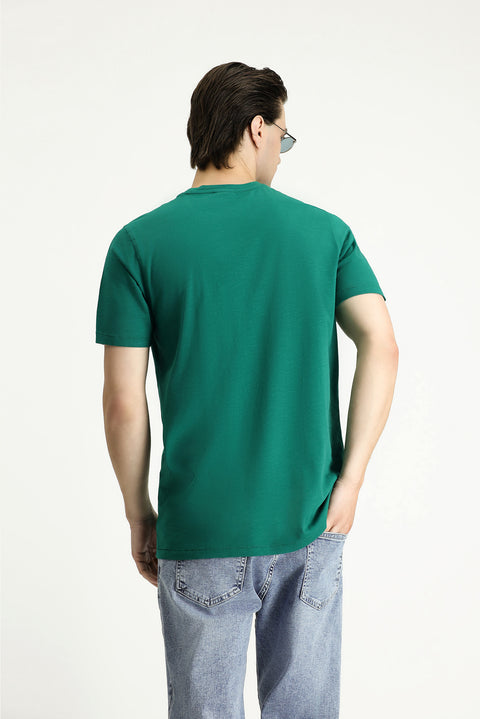 Koyu Yeşil Bisiklet Yaka Slim Fit Dar Kesim Baskılı Süprem Pamuk Tişört