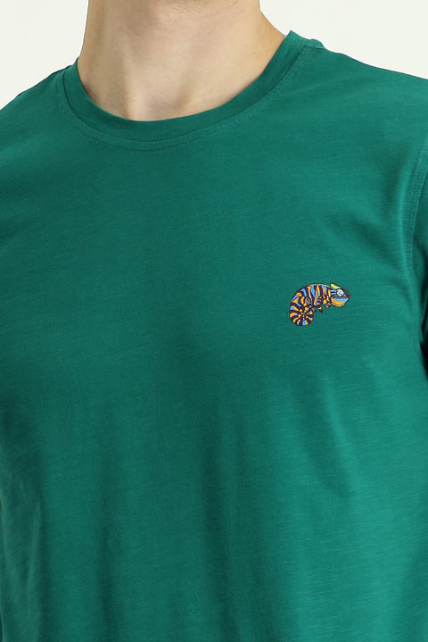 Koyu Yeşil Bisiklet Yaka Slim Fit Dar Kesim Baskılı Süprem Pamuk Tişört