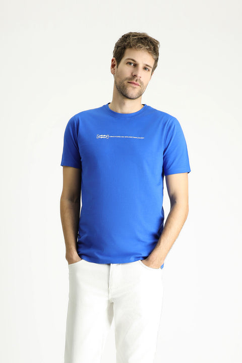 İndigo Bisiklet Yaka Slim Fit Dar Kesim Baskılı Pamuk Tişört