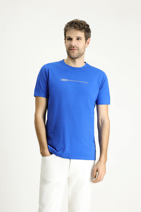 İndigo Bisiklet Yaka Slim Fit Dar Kesim Baskılı Pamuk Tişört