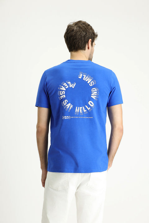 İndigo Bisiklet Yaka Slim Fit Dar Kesim Baskılı Pamuk Tişört