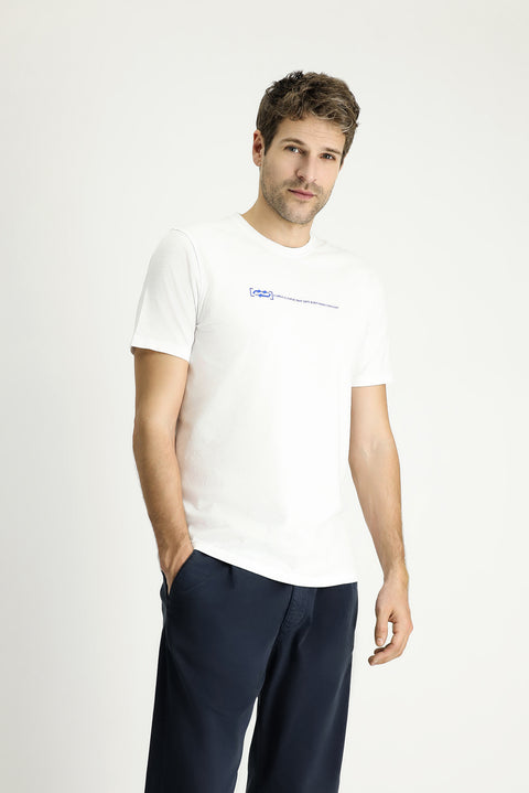 Beyaz Bisiklet Yaka Slim Fit Dar Kesim Baskılı Pamuk Tişört