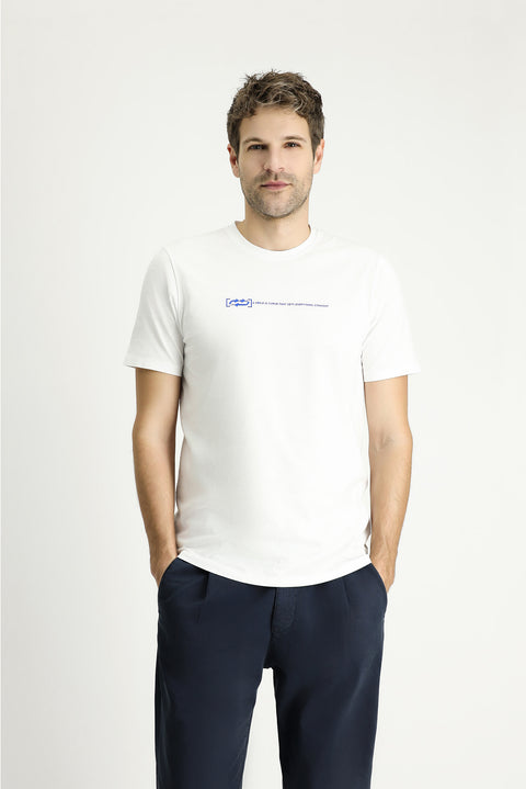 Beyaz Bisiklet Yaka Slim Fit Dar Kesim Baskılı Pamuk Tişört