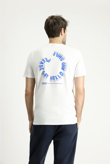  Beyaz Bisiklet Yaka Slim Fit Dar Kesim Baskılı Pamuk Tişört