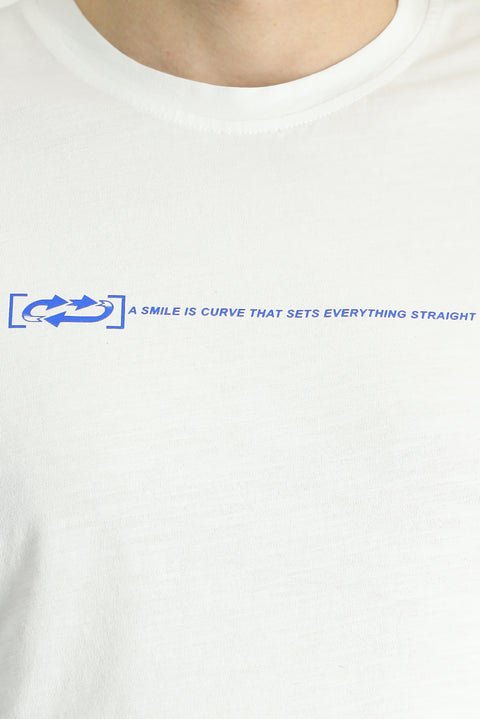 Beyaz Bisiklet Yaka Slim Fit Dar Kesim Baskılı Pamuk Tişört