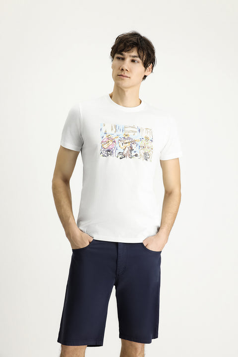 Beyaz Bisiklet Yaka Slim Fit Dar Kesim Baskılı Pamuk Tişört
