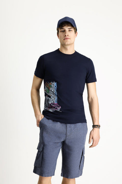 Orta Lacivert Bisiklet Yaka Slim Fit Dar Kesim Baskılı Pamuk Tişört