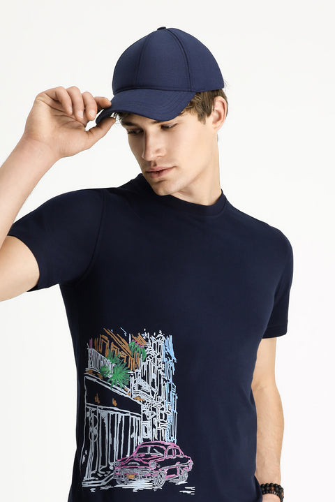 Orta Lacivert Bisiklet Yaka Slim Fit Dar Kesim Baskılı Pamuk Tişört