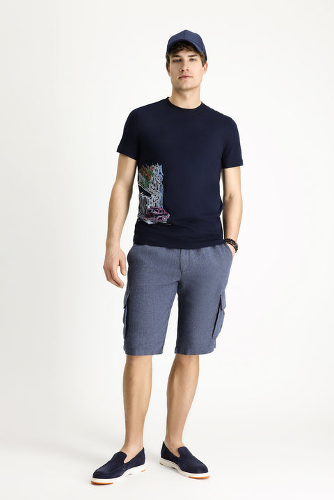 Orta Lacivert Bisiklet Yaka Slim Fit Dar Kesim Baskılı Pamuk Tişört