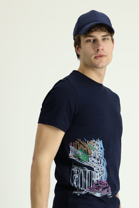 Orta Lacivert Bisiklet Yaka Slim Fit Dar Kesim Baskılı Pamuk Tişört