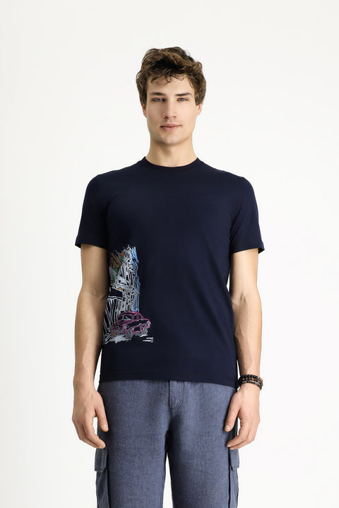 Orta Lacivert Bisiklet Yaka Slim Fit Dar Kesim Baskılı Pamuk Tişört