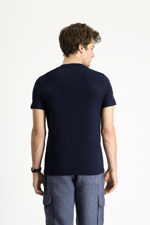 Orta Lacivert Bisiklet Yaka Slim Fit Dar Kesim Baskılı Pamuk Tişört