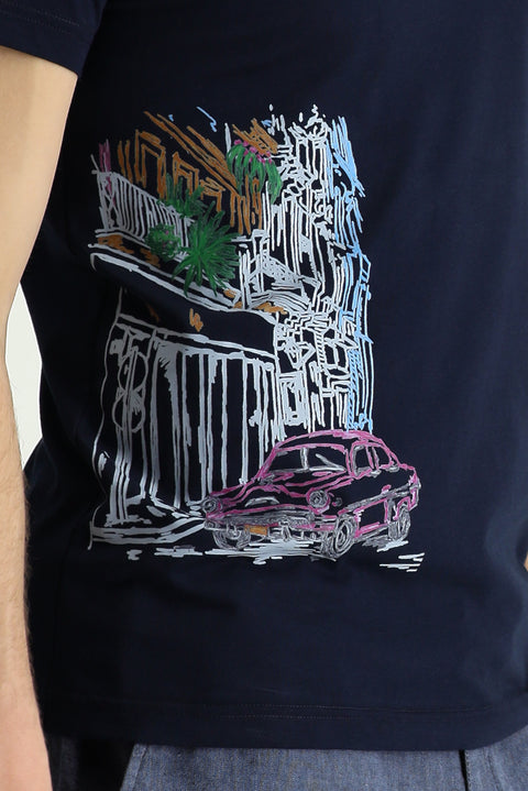 Orta Lacivert Bisiklet Yaka Slim Fit Dar Kesim Baskılı Pamuk Tişört