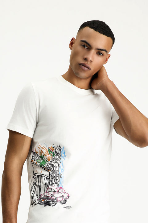 Beyaz Bisiklet Yaka Slim Fit Dar Kesim Baskılı Pamuk Tişört