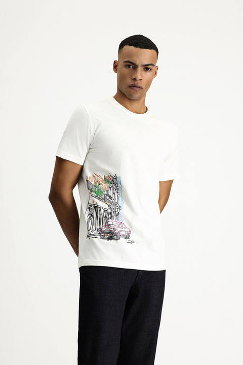 Beyaz Bisiklet Yaka Slim Fit Dar Kesim Baskılı Pamuk Tişört