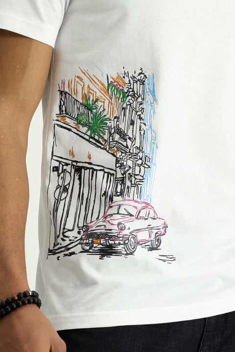 Beyaz Bisiklet Yaka Slim Fit Dar Kesim Baskılı Pamuk Tişört