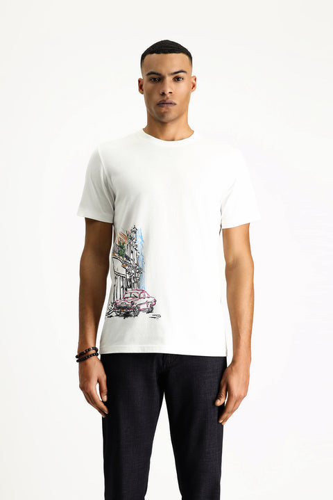 Beyaz Bisiklet Yaka Slim Fit Dar Kesim Baskılı Pamuk Tişört