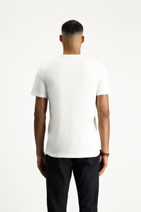 Beyaz Bisiklet Yaka Slim Fit Dar Kesim Baskılı Pamuk Tişört