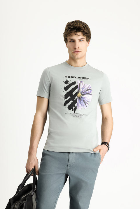 Orta Gri Bisiklet Yaka Slim Fit Dar Kesim Baskılı Pamuk Tişört