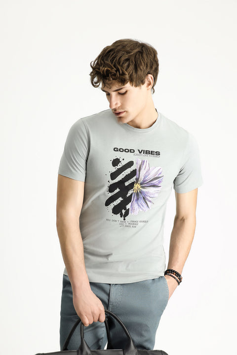 Orta Gri Bisiklet Yaka Slim Fit Dar Kesim Baskılı Pamuk Tişört