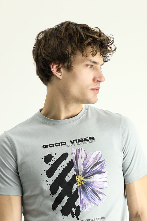 Orta Gri Bisiklet Yaka Slim Fit Dar Kesim Baskılı Pamuk Tişört