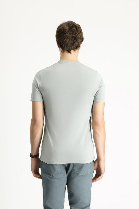 Orta Gri Bisiklet Yaka Slim Fit Dar Kesim Baskılı Pamuk Tişört