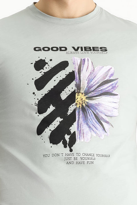 Orta Gri Bisiklet Yaka Slim Fit Dar Kesim Baskılı Pamuk Tişört