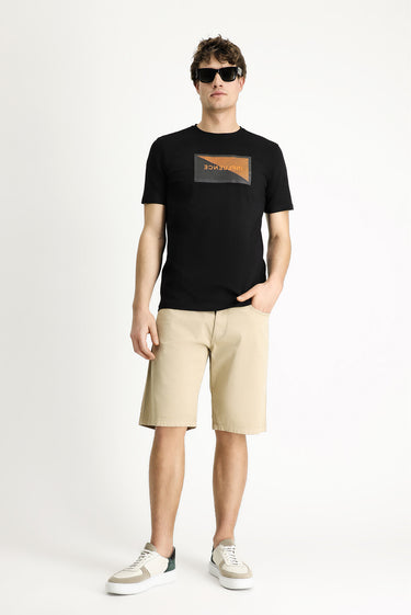 Siyah Bisiklet Yaka Slim Fit Dar Kesim Baskılı Pamuklu Tişört