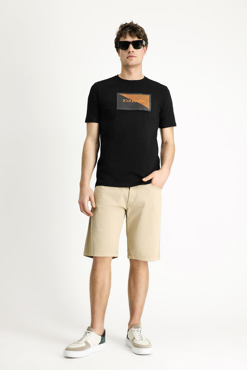 Siyah Bisiklet Yaka Slim Fit Dar Kesim Baskılı Pamuklu Tişört