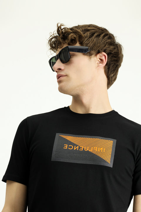 Siyah Bisiklet Yaka Slim Fit Dar Kesim Baskılı Pamuklu Tişört