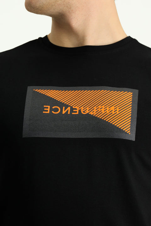 Siyah Bisiklet Yaka Slim Fit Dar Kesim Baskılı Pamuklu Tişört