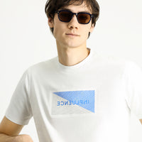 Ekru Bisiklet Yaka Slim Fit Dar Kesim Baskılı Pamuklu Tişört