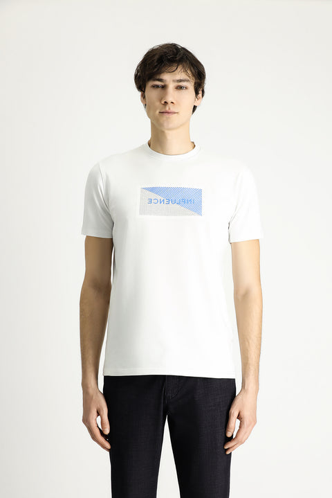 Off-white crew neck slim fit printed cotton t-shirt.
