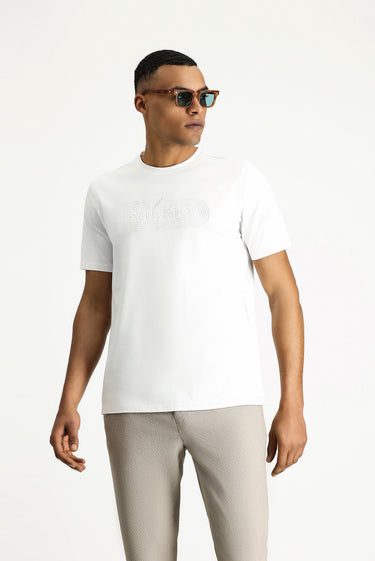  Beyaz Bisiklet Yaka Baskılı Slim Fit Dar Kesim Pamuklu Tişört