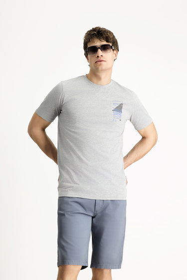  Orta Gri Bisiklet Yaka Slim Fit Dar Kesim Baskılı Pamuklu Tişört