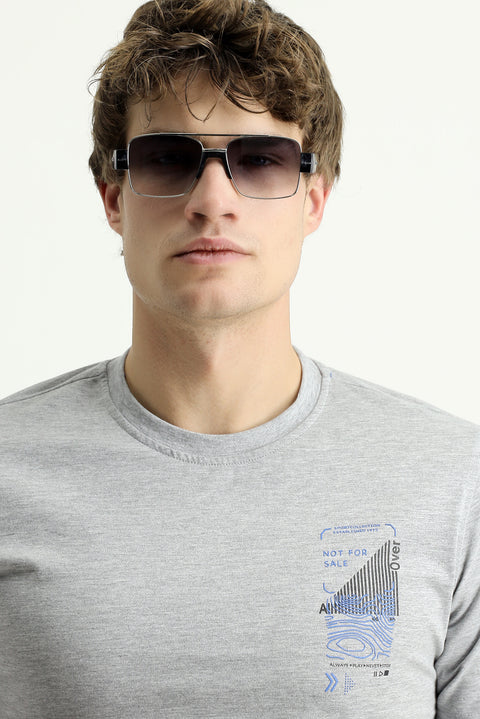 Medium Grey Crew Neck Slim Fit Printed Cotton T-Shirt