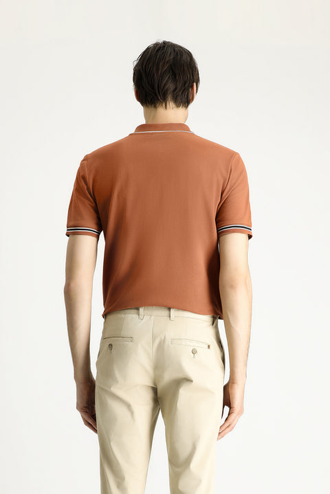 Açık Kahve  Polo Yaka Regular Fit Fermuarlı Desenli Pamuk Tişört