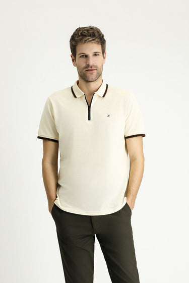 Krem Polo Yaka Regular Fit Fermuarlı Desenli Pamuk Tişört