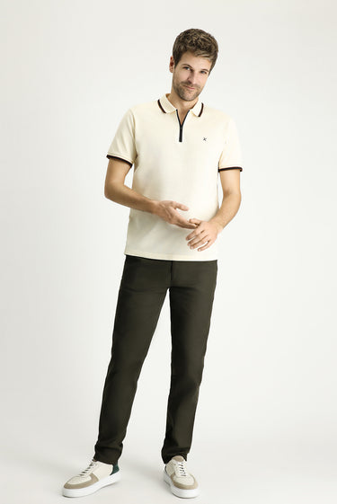 Krem Polo Yaka Regular Fit Fermuarlı Desenli Pamuk Tişört