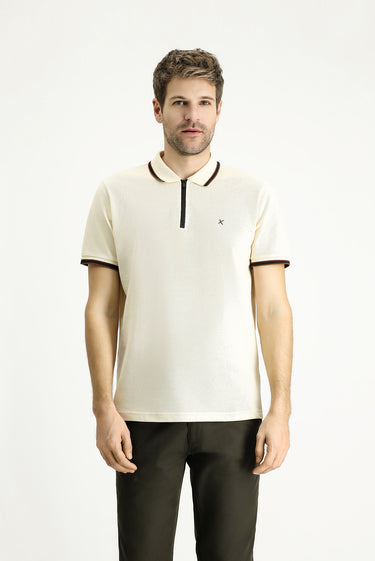 Krem Polo Yaka Regular Fit Fermuarlı Desenli Pamuk Tişört