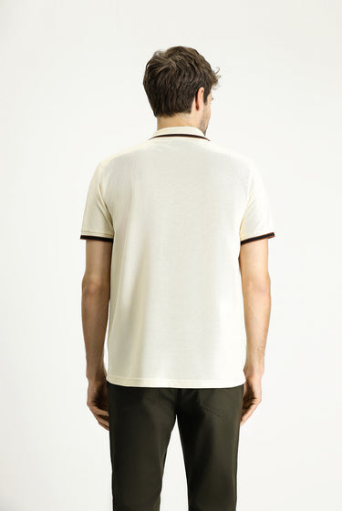 Krem Polo Yaka Regular Fit Fermuarlı Desenli Pamuk Tişört