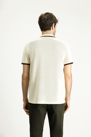  Krem Polo Yaka Regular Fit Fermuarlı Desenli Pamuk Tişört