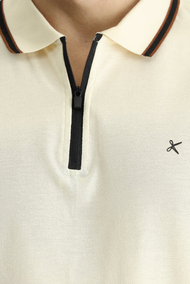 Krem Polo Yaka Regular Fit Fermuarlı Desenli Pamuk Tişört