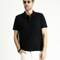 Siyah Polo Yaka Regular Fit Desenli Pamuk Tişört