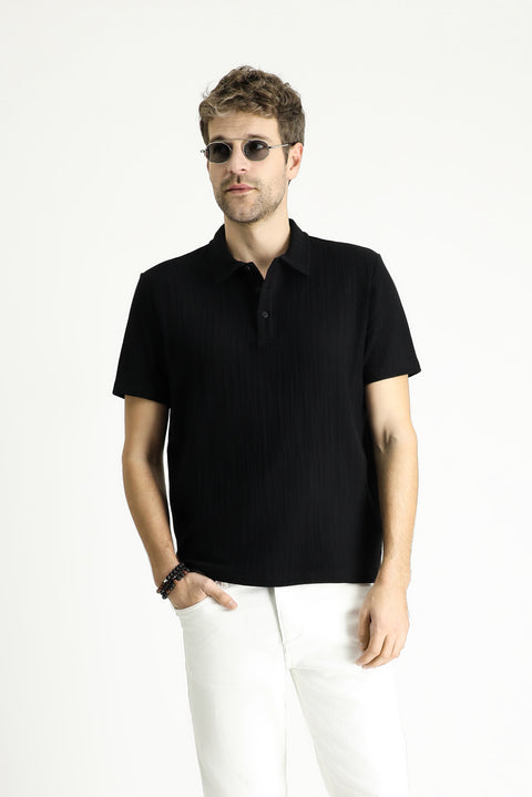 Siyah Polo Yaka Regular Fit Desenli Pamuk Tişört