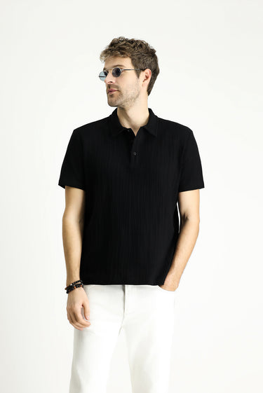 Siyah Polo Yaka Regular Fit Desenli Pamuk Tişört