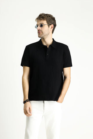  Siyah Polo Yaka Regular Fit Desenli Pamuk Tişört