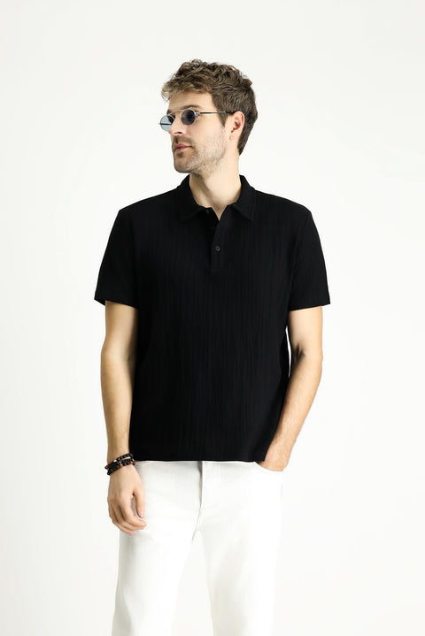 Black Polo Collar Regular Fit Patterned Cotton T-shirt
