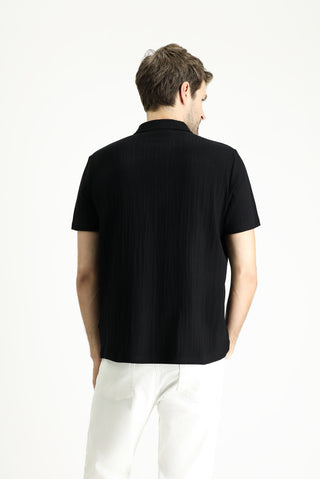  Siyah Polo Yaka Regular Fit Desenli Pamuk Tişört