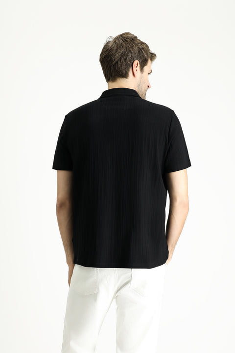 Black Polo Collar Regular Fit Patterned Cotton T-shirt